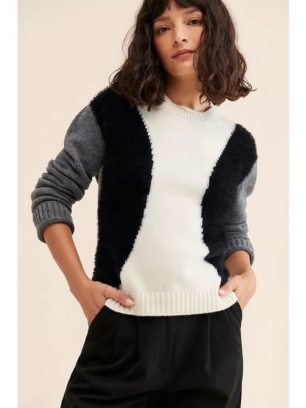 Anthropologie M Floor Colorblock Motif Sweater Merino Wool Grey Black